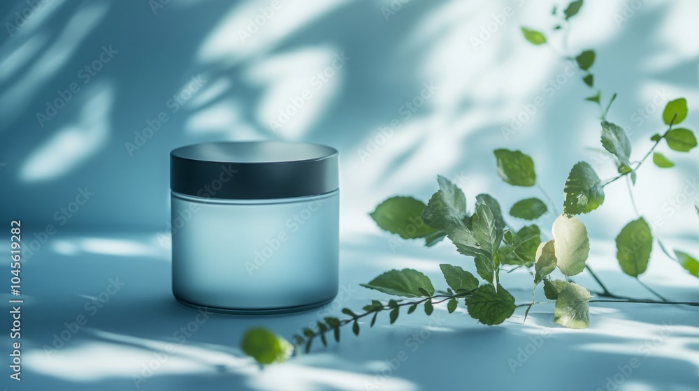 Aufkleber a glass jar of lotion with a black lid sits on a blue surface. green leaves from a plant are laying 