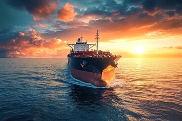 Fototapeta premium Large crude oil tanker is sailing on calm sea at sunset. The vessel is carrying crude oil from an oil rig to a refinery