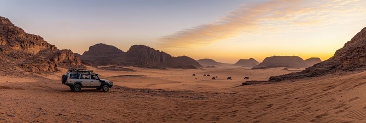 Safari and travel to Africa, extreme adventures or science expedition in a raw desert. Sahara desert at sunrise, mountain landscape with dust on skyline, hills and traces of the off-road car
