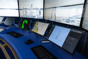 Modern ship control panels. The captain bridge equipment
