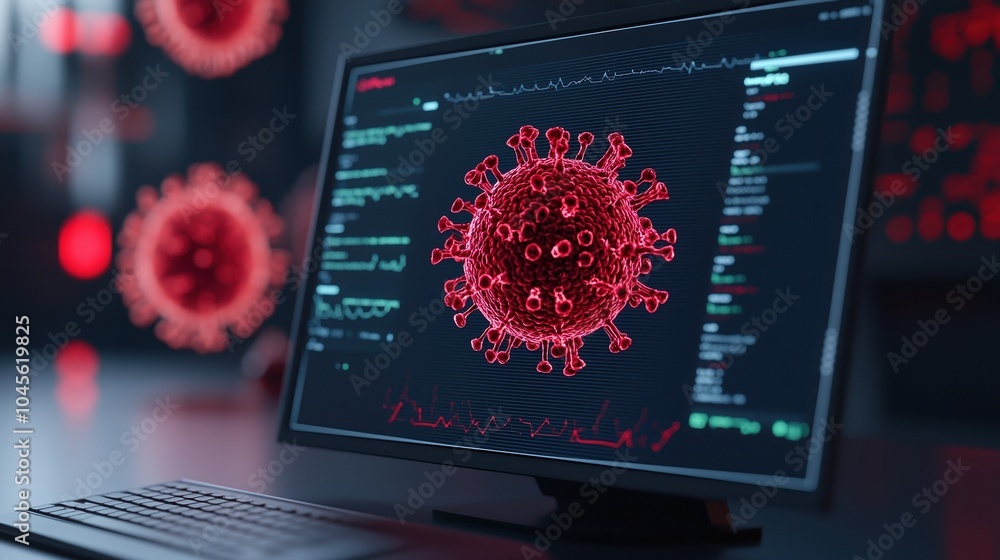 Poster computer monitor displaying a 3d model of a virus with data analysis in a dark setting.