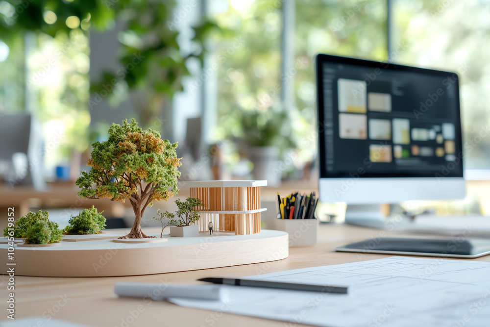 Poster innovative workspace with architectural model and natural elements a blend of nature and design