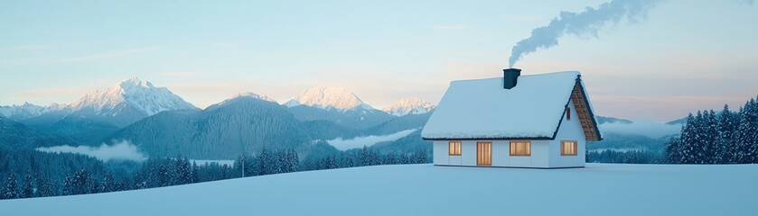 Obraz premium Cozy house in a snowy landscape with mountain backdrop and smoke from chimney, serene winter scenery.