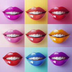 Fototapeta premium Pop art collage, set of smiles with beautiful teeth, dentistry advertising concept isolated on multi-colored background