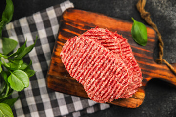 cutlet meat raw fresh ground beef burger, pork, chicken, turkey dish gourmet food background on the table rustic food top view copy space