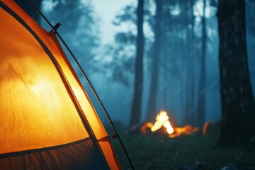 Warm glowing interior of a tent with lantern during a peaceful camping evening in the forest