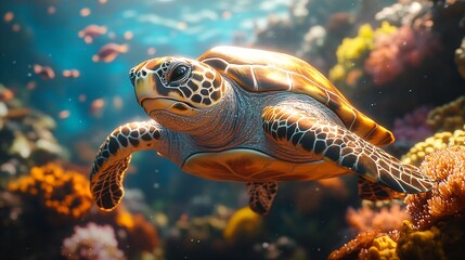 Fototapeta premium a sea turtle swimming in a colorful coral reef in the ocean