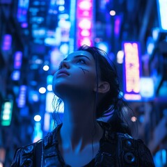 Fototapeta premium A cyber punk style young girl in a cyber punk style city.