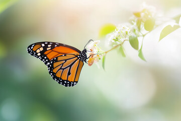 Obraz premium monarch butterfly perched on a delicate flower, feeding on nectar. The background features a soft bokeh effect with green and white tones, emphasizing beauty of butterfly and natural setting