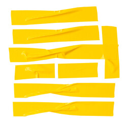 Top view set of wrinkled or crumpled yellow adhesive vinyl tape or cloth tape in stripes shape isolated on white background with clipping path