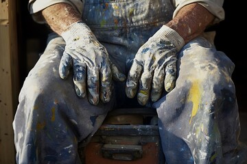 Detailed close-up of painter’s hands in gloves covered in paint