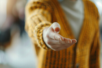 person in yellow knitted cardigan extending hand in greeting, gesture of greeting or invitation