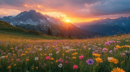 A vibrant sunset over a mountain landscape filled with colorful wildflowers.
