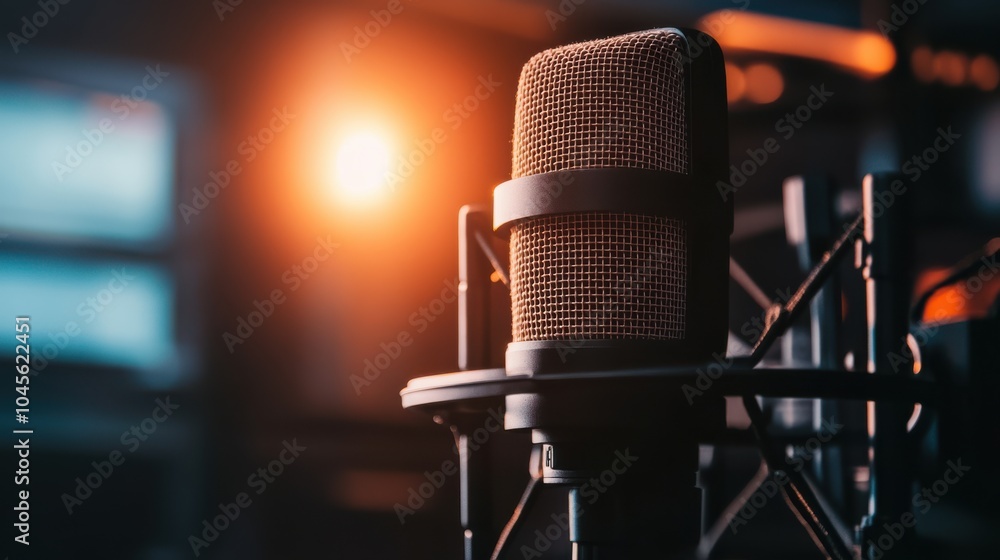 Poster a high-end studio microphone suspended by an isolation mount, with soundproof padding in the backgro