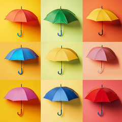  Pop art collage, set of umbrellas isolated on multi-colored background