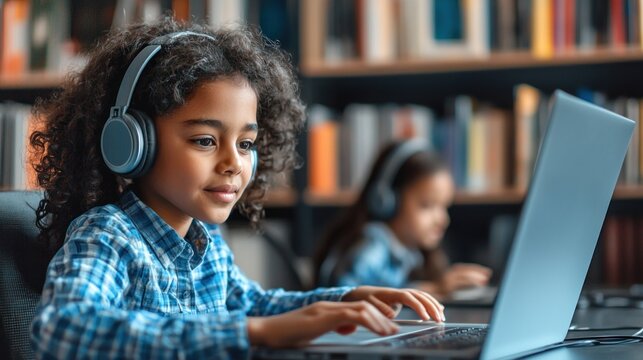 A young girl is using a laptop in a library