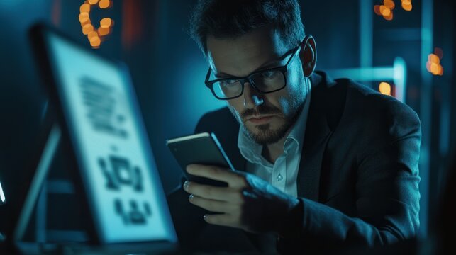 Business man using smartphone and computer that show warning sign after got attack phishing email by malware from hacker that commit cyber crime or software crash to cause an error.