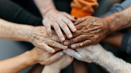 close up of hands together, diverse group of people coming together to support a cause, highlighting unity and compassion.
