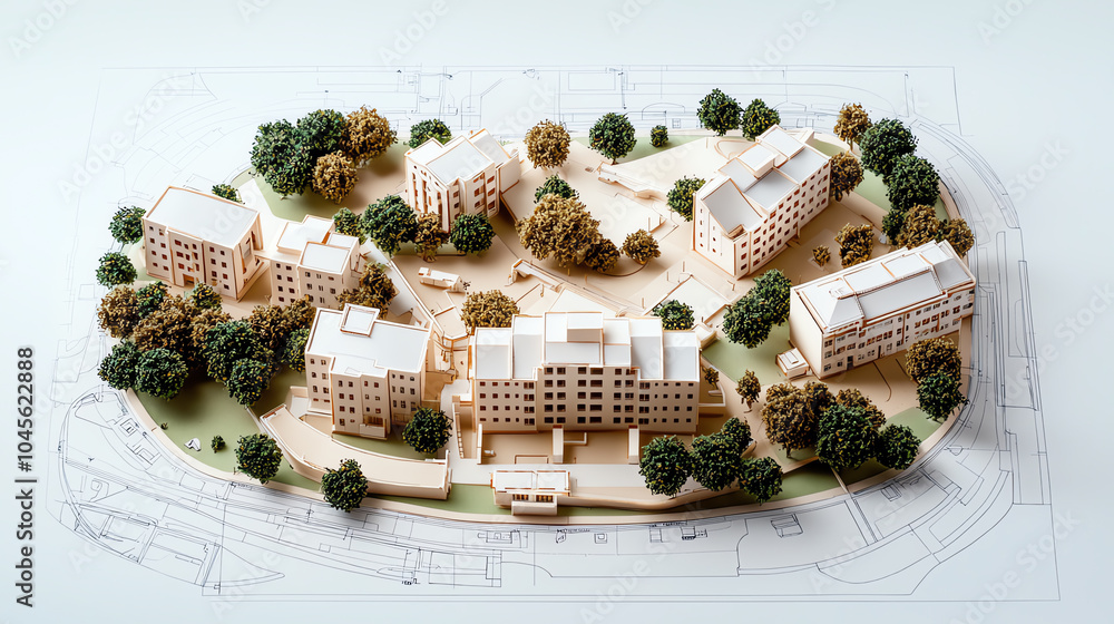 Poster architectural model of a community development featuring buildings and green spaces in a circular la