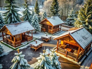 Obraz premium Cozy Wooden Barbecue Houses in a Winter Park with Pergolas and Terraces for Outdoor Recreation