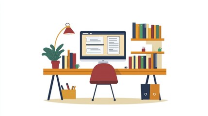 A computer desk with a red chair and a potted plant