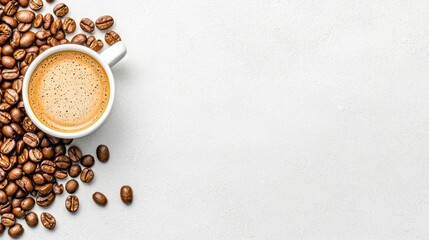 A photostock of a cup of coffee with beans, white background, morning theme