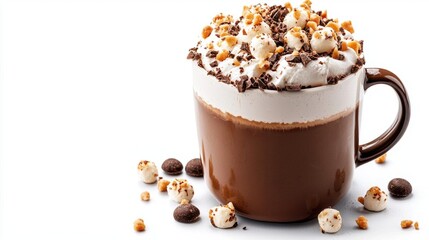 A photostock of a cup of hot chocolate, white background, winter comfort
