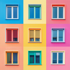  Pop art collage, set of windows isolated on multi-colored background