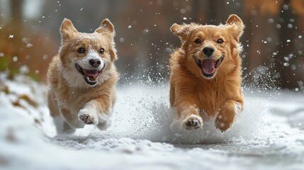 Pets playing in the snow, featuring dogs and cats enjoying winter activities. Emphasizing fun and adventurous spirit. Ideal for winter-themed social media posts and pet blogs.