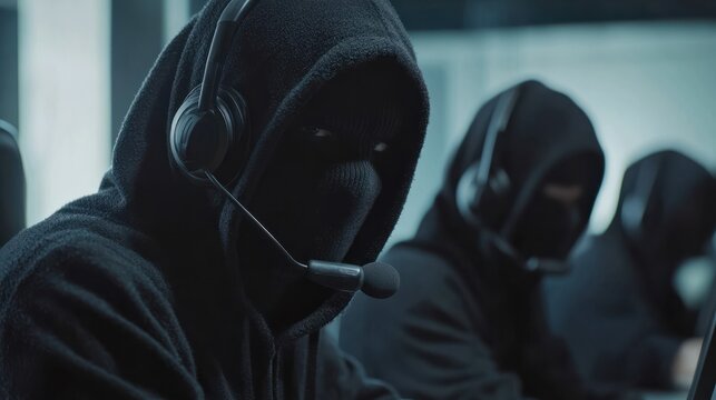 Call center scammer concept. Swindler criminals in black hood wearing mask and headsets and using computer in a call center office.
