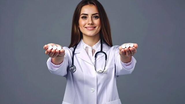 of confident doc qualified specialist intern wear white doctor robe hold pills look empty space isolated on grey color background Video