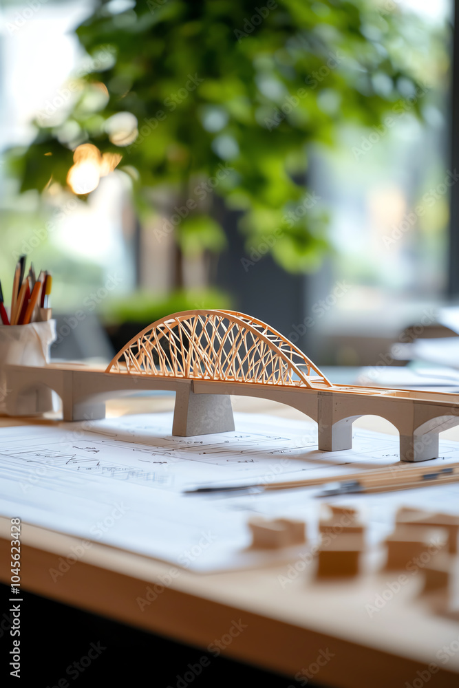 Poster exploring innovative architecture a detailed model of a bridge on a designer's workspace