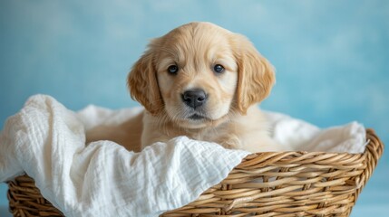 A playful golden retriever puppy in a wicker basket with soft white linen, set against a baby blue studio backdrop with soft light, copy space, cute pet portrait