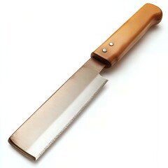 A serrated knife with a wooden handle.