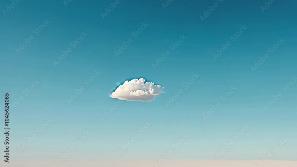 Poster minimalist scene with a single cloud in a bright blue sky, perfectly centered and floating above an 