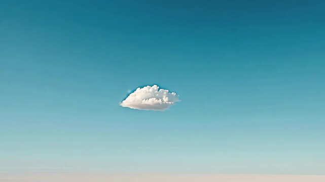 Minimalist scene with a single cloud in a bright blue sky, perfectly centered and floating above an endless horizon, capturing serenity and openness, . Video