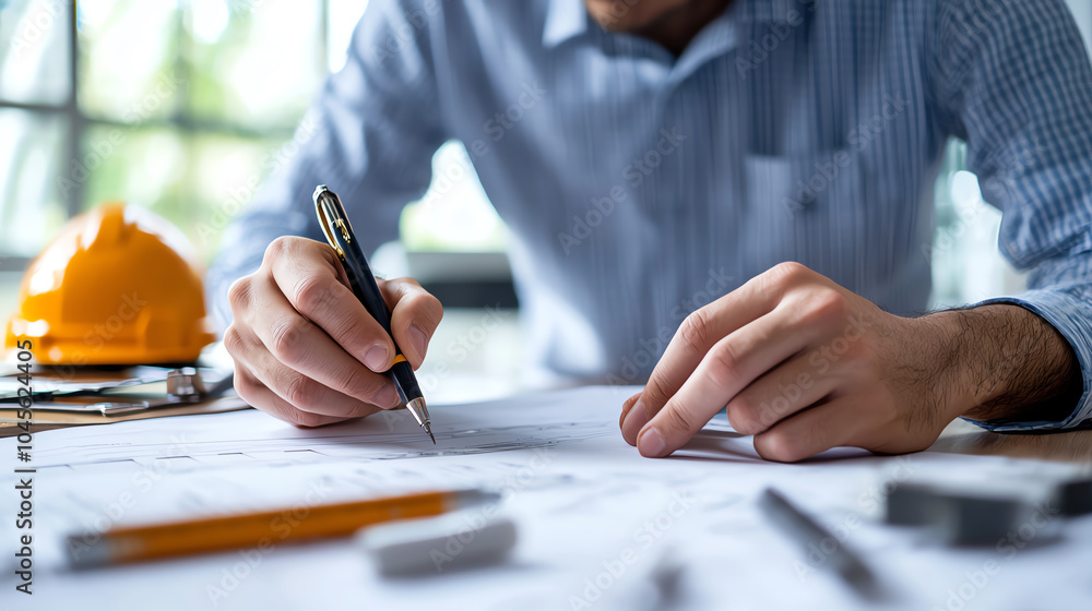 Poster engineer planning construction project with tools on table in office setting
