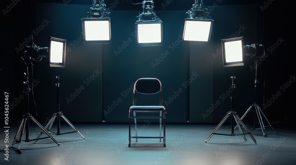 Poster a series of theater lights in a professional photography studio setup, aimed at an empty casting cha