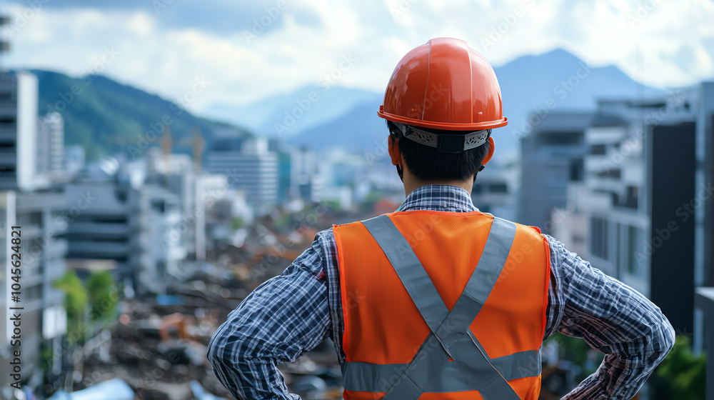 Poster engineer overlooking urban development a perspective on modern infrastructure and safety in construc