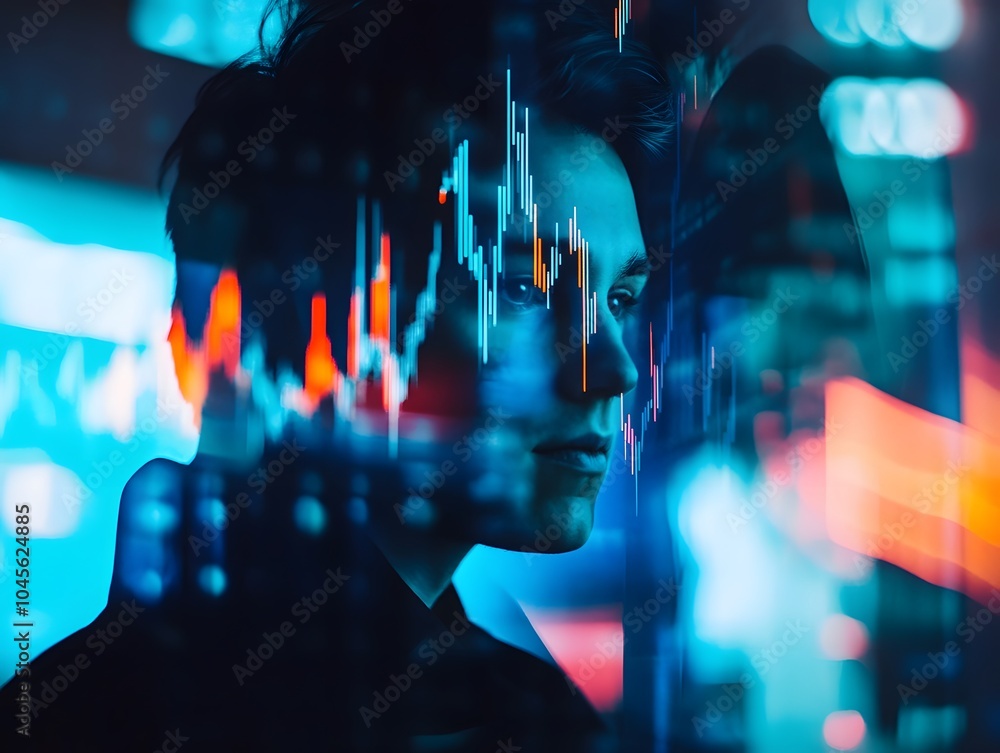 Poster Trader Analyzing Market Data with Digital Graphs