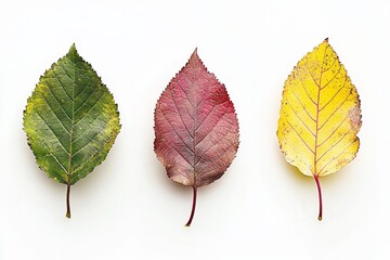 An isolated autumn pear leaf in three colors