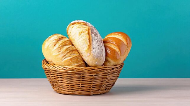 A photostock of a basket of assorted breads, wooden background, bakery theme
