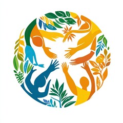 Modern design with symbols representing philanthropy, gender equality, equity, climate actions, and partnerships. Vibrant circular designs featuring hands and leaves symbolize unity and diversity.