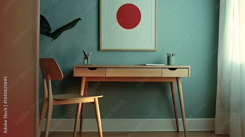 Poster a wide-angle view of a small, clean office with a simple desk and a single piece of wall art, 4k res