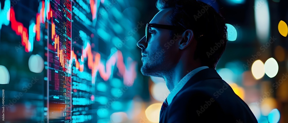 Poster trader analyzing market data at night