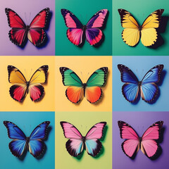  Pop art collage, set of butterflies isolated on multi-colored background