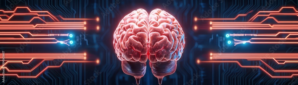 Poster futuristic brain with digital circuits, showcasing the fusion of technology and neuroscience.