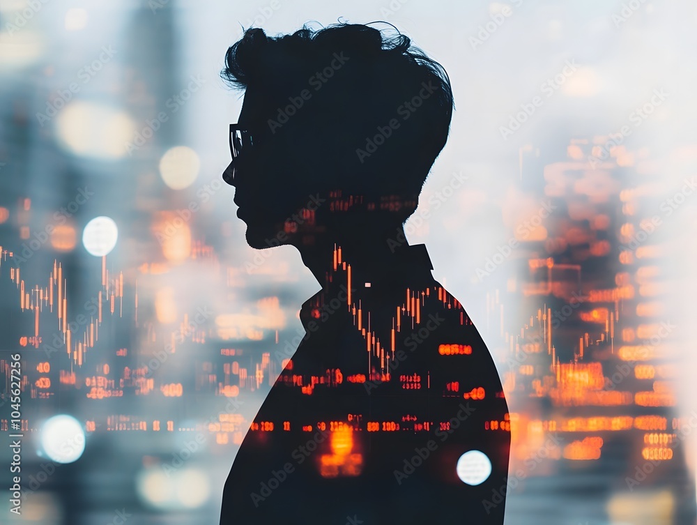 Poster business trader silhouette with financial data overlay