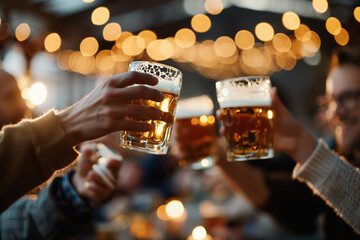 Scene inside a lively beer pub with people raising mugs in celebration. 