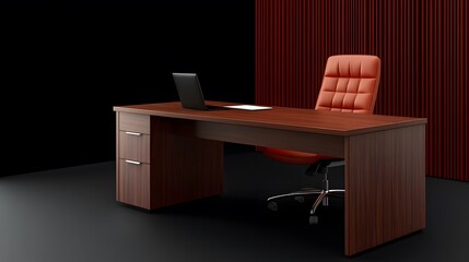 Wide desk with an office chair, no decoration, clean surfaces, no background, 4K resolution